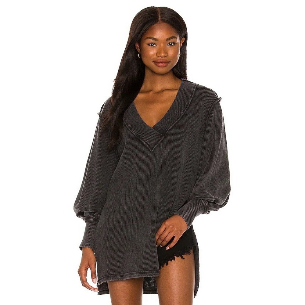 We the Free People Asher Thermal Oversized Long Sleeve Shirt Charcoal Black XL